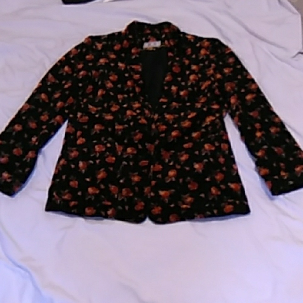 Black velvet blazer with orange and brown flowers